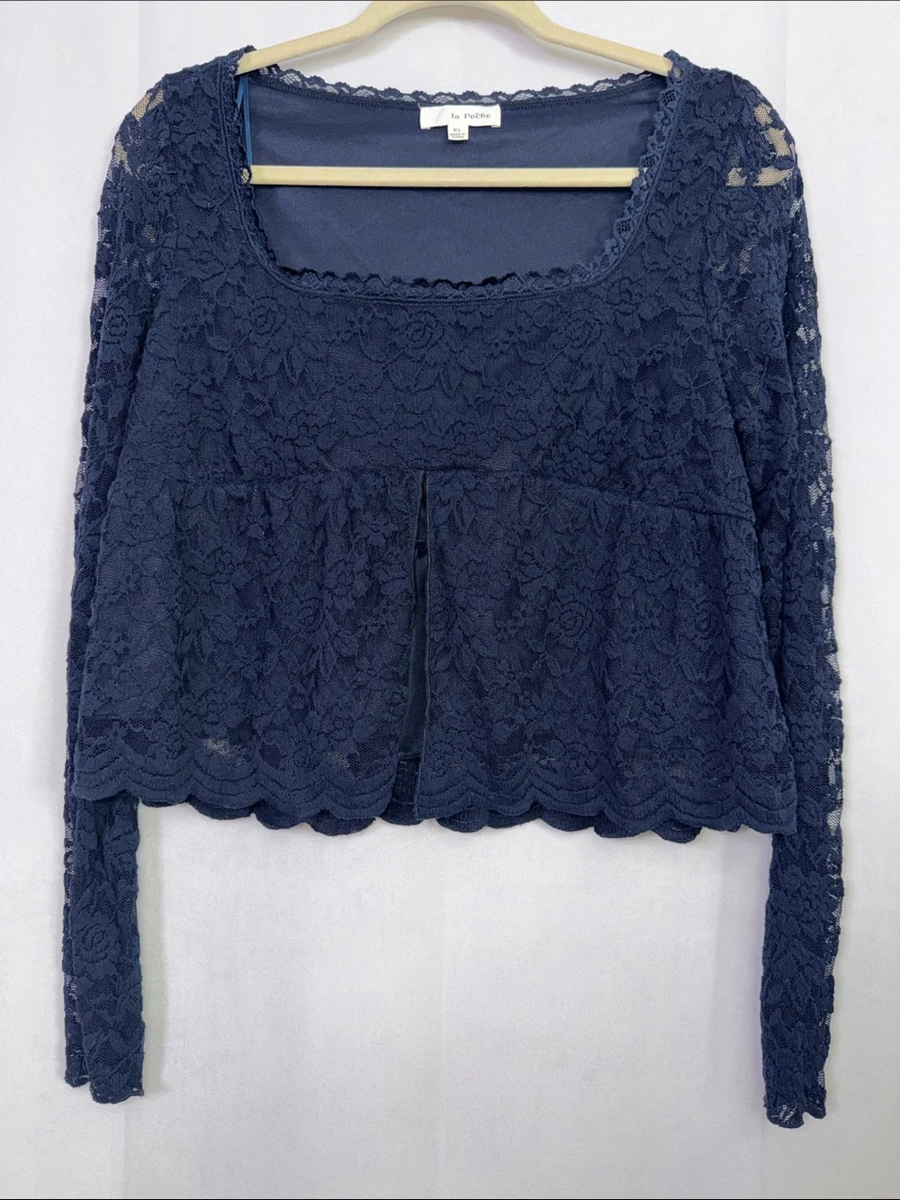 Cropped Navy Floral Lace Long Sleeve Babydoll Sheer Fairy Victorian Peplum Top